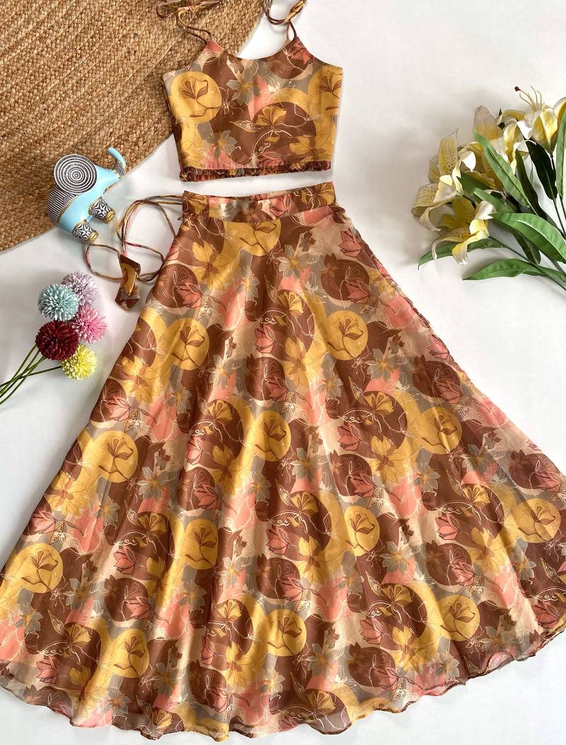 girls traditional yellow soft chanderi skirt and top set