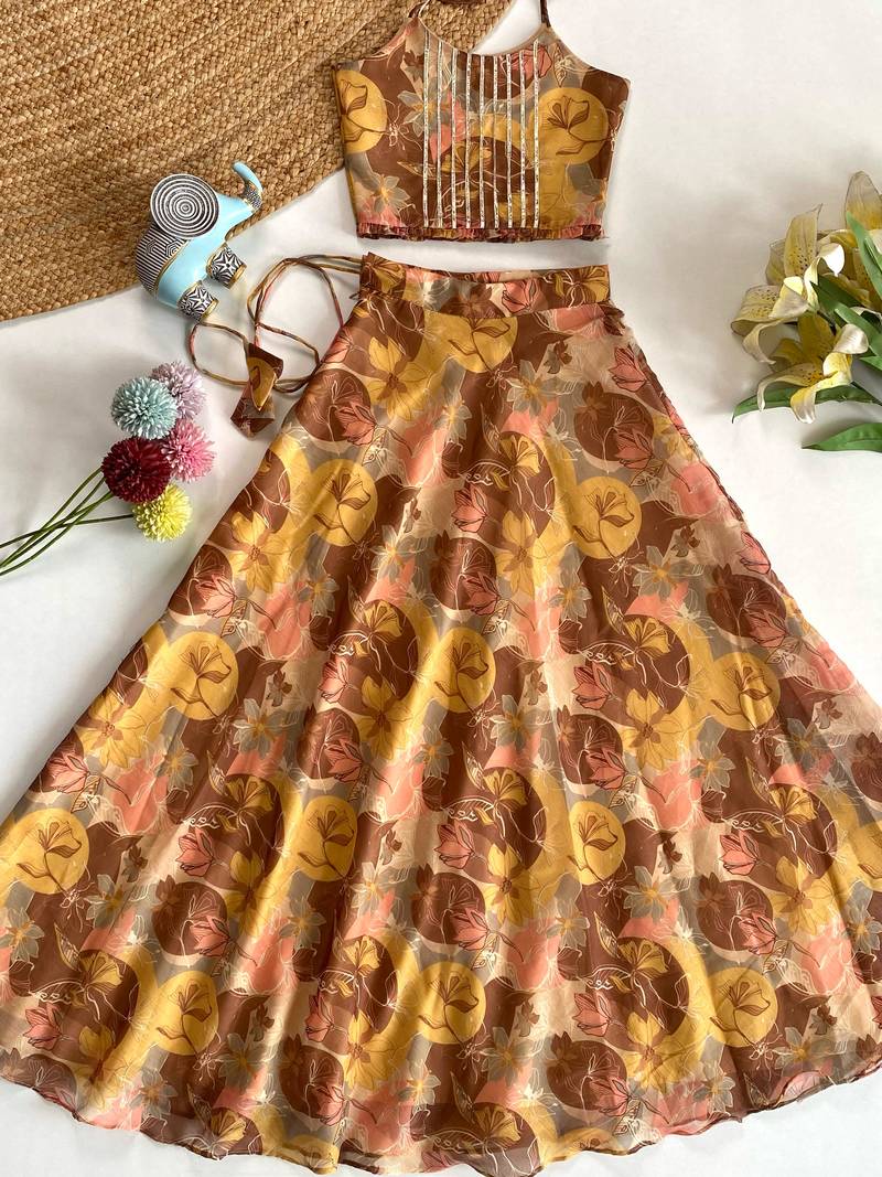 girls traditional yellow soft chanderi skirt and top set