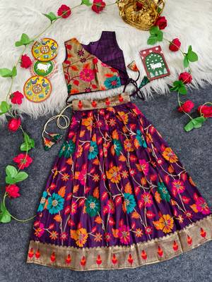 Girls wine floral woven lehenga choli set with tie-up top & 
flowy skirt 1