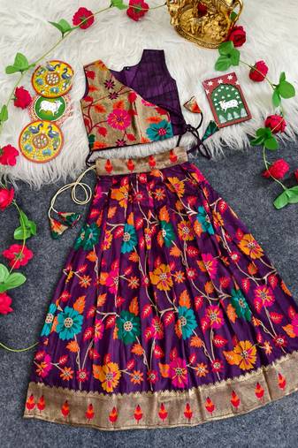 Girls wine floral woven lehenga choli set with tie-up top & 
flowy skirt