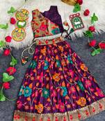 Girls wine floral woven lehenga choli set with tie-up top & 
flowy skirt