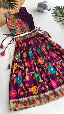Girls wine floral woven lehenga choli set with tie-up top & 
flowy skirt 2