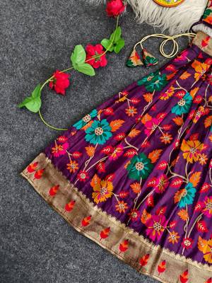 Girls wine floral woven lehenga choli set with tie-up top & 
flowy skirt 3