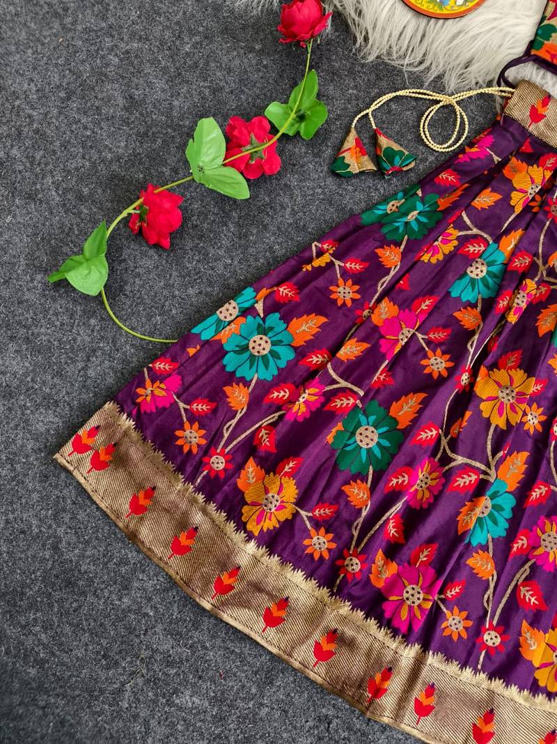 Girls wine floral woven lehenga choli set with tie-up top & 
flowy skirt