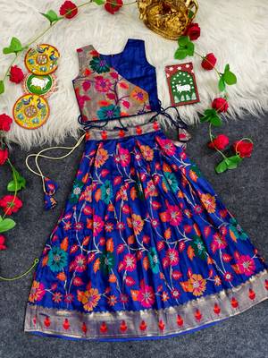 Girls violet floral woven lehenga choli set with tie-up top & flowy skirt 1