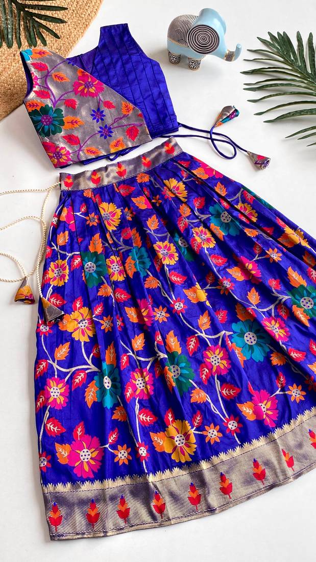Girls violet floral woven lehenga choli set with tie-up top & flowy skirt
