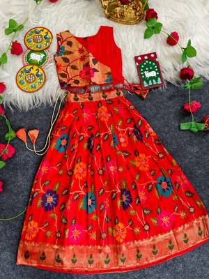 Girls red floral woven lehenga choli set with tie-up top & flowy skirt 1