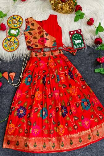 Girls red floral woven lehenga choli set with tie-up top & flowy skirt