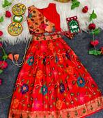 Girls red floral woven lehenga choli set with tie-up top & flowy skirt