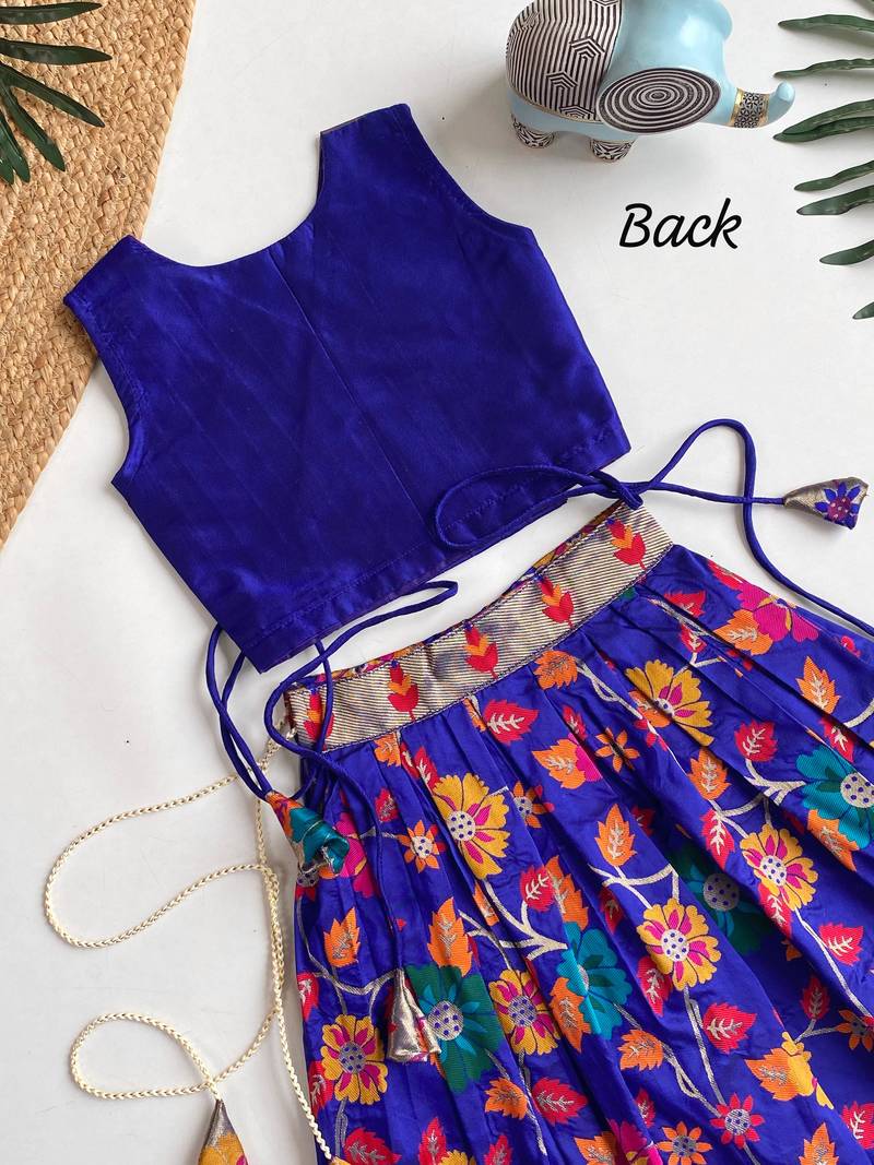 Girls violet floral woven lehenga choli set with tie-up top & flowy skirt