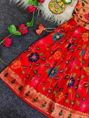 Girls red floral woven lehenga choli set with tie-up top & flowy skirt 2