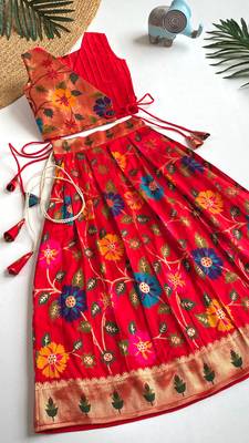 Girls red floral woven lehenga choli set with tie-up top & flowy skirt 3
