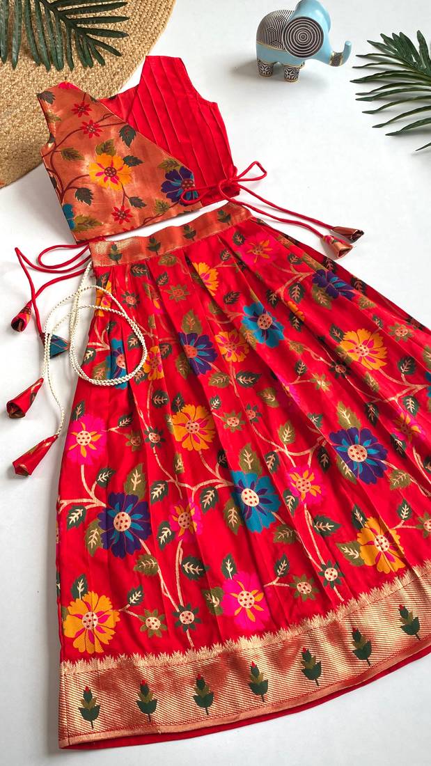 Girls red floral woven lehenga choli set with tie-up top & flowy skirt