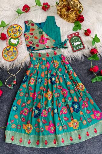 Girls rama floral woven lehenga choli set with tie-up top & flowy skirt