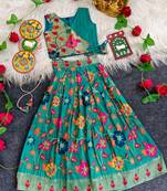 Girls rama floral woven lehenga choli set with tie-up top & flowy skirt