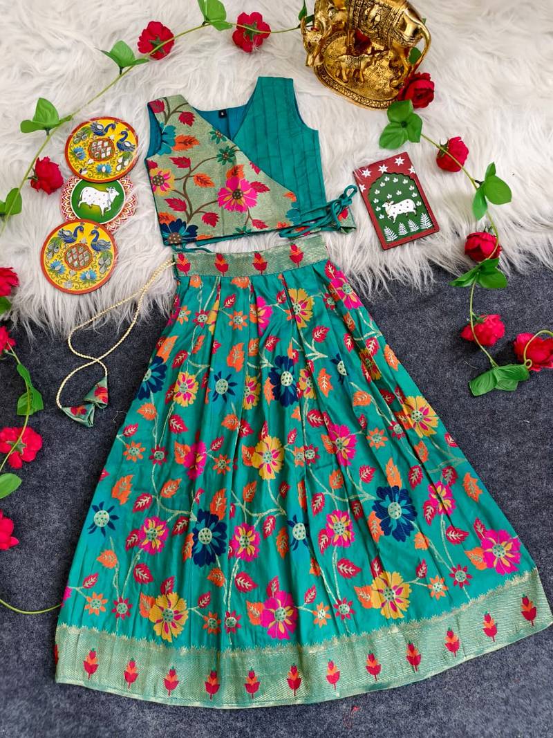 Girls rama floral woven lehenga choli set with tie-up top & flowy skirt