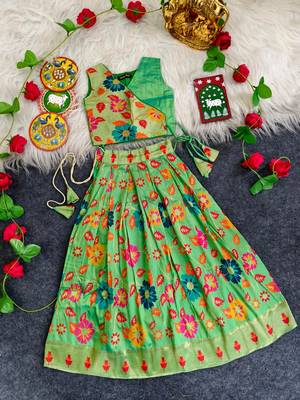 Girls pista floral woven lehenga choli set with tie-up top & flowy skirt 1