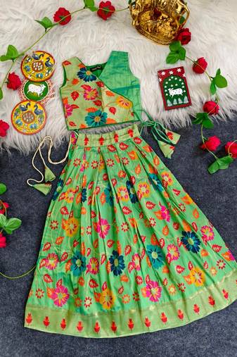 Girls pista floral woven lehenga choli set with tie-up top & flowy skirt