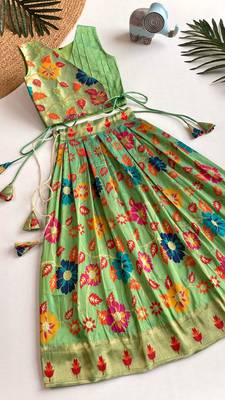 Girls pista floral woven lehenga choli set with tie-up top & flowy skirt 2