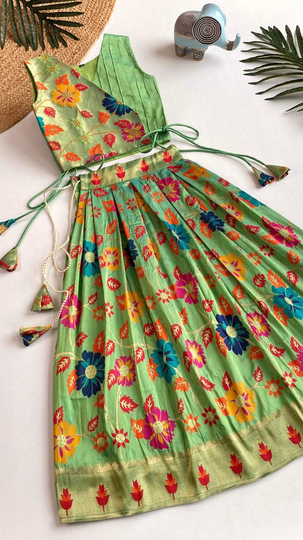 Girls pista floral woven lehenga choli set with tie-up top & flowy skirt