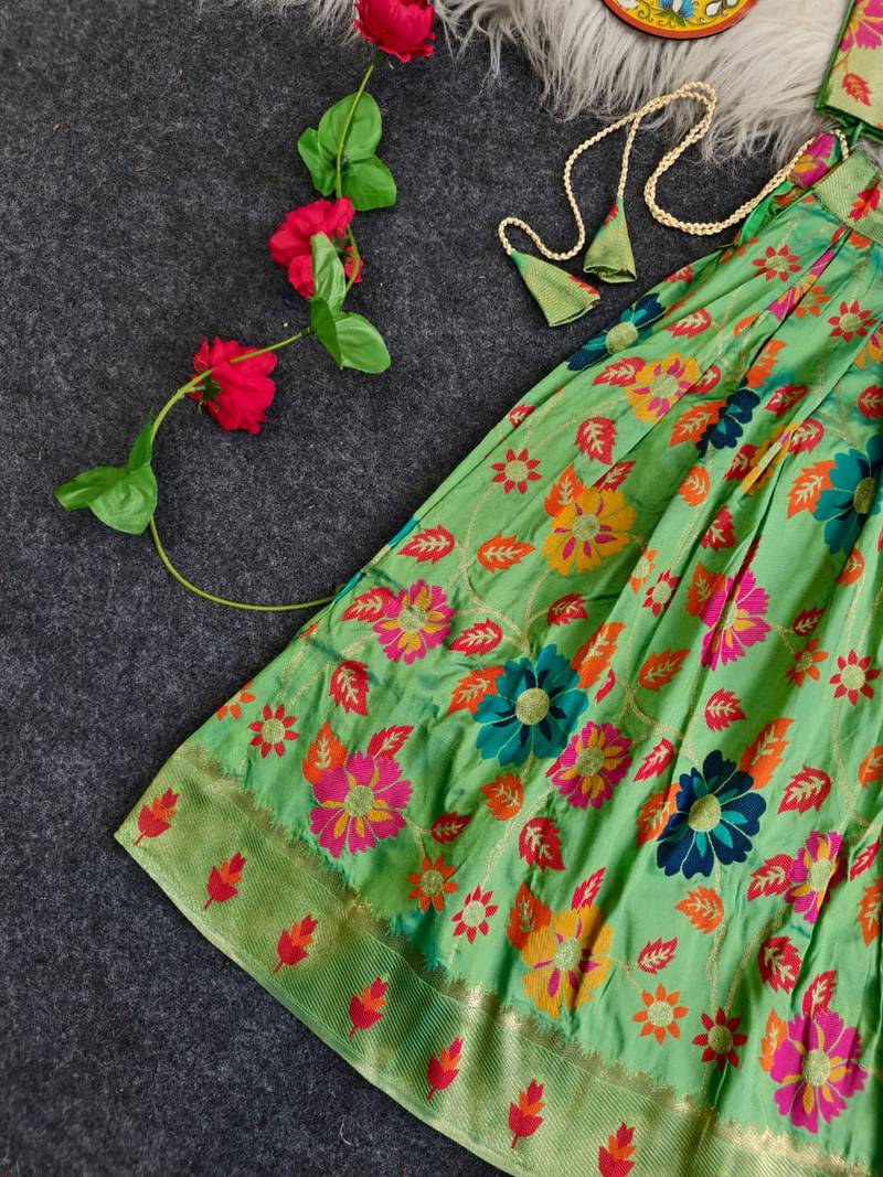 Girls pista floral woven lehenga choli set with tie-up top & flowy skirt
