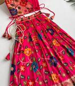 Girls pink floral woven lehenga choli set with tie-up top & flowy skirt