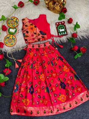 Girls pink floral woven lehenga choli set with tie-up top & flowy skirt 2