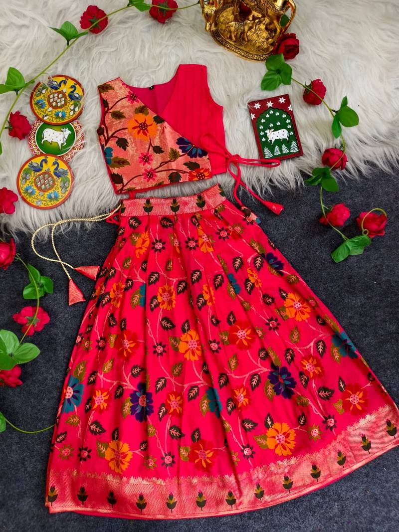 Girls pink floral woven lehenga choli set with tie-up top & flowy skirt