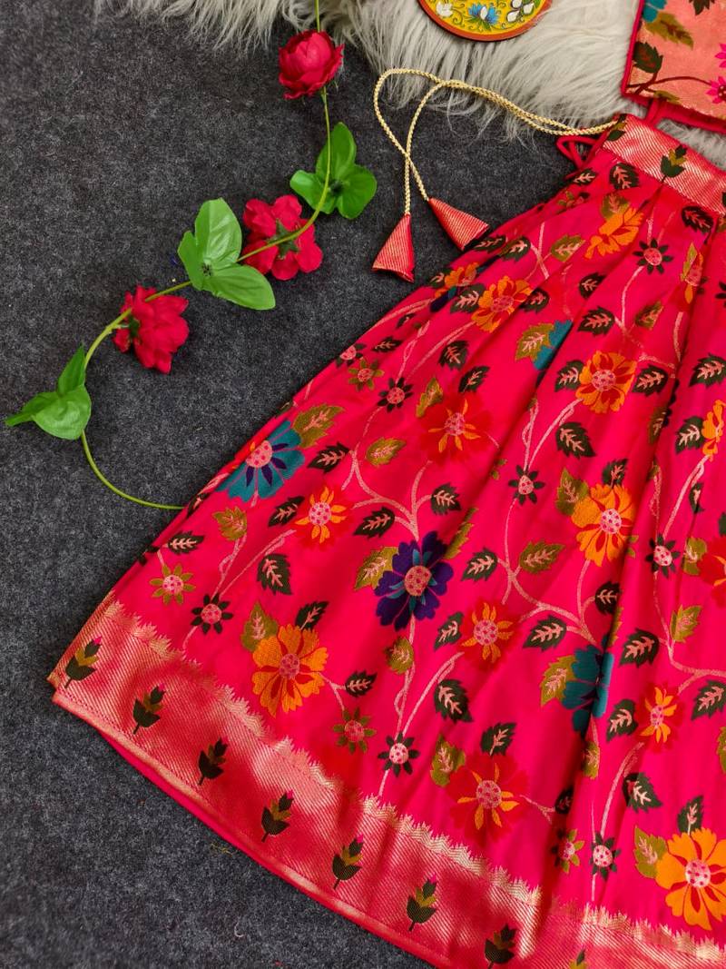 Girls pink floral woven lehenga choli set with tie-up top & flowy skirt