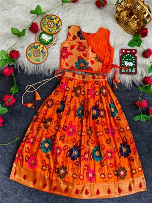 Girls orange floral woven lehenga choli set with tie-up top & flowy skirt 1