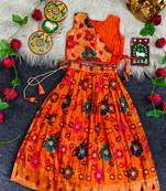 Girls orange floral woven lehenga choli set with tie-up top & flowy skirt