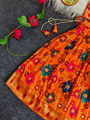 Girls orange floral woven lehenga choli set with tie-up top & flowy skirt 2