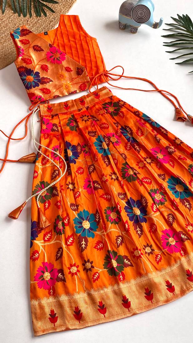 Girls orange floral woven lehenga choli set with tie-up top & flowy skirt