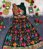 Girls green floral woven lehenga choli set with tie-up top & flowy skirt