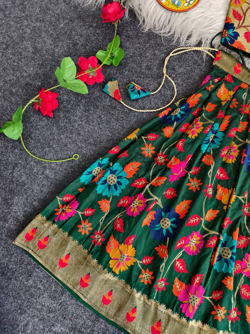 Girls green floral woven lehenga choli set with tie-up top & flowy skirt