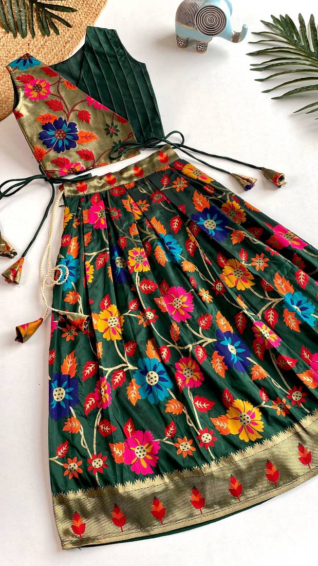 Girls green floral woven lehenga choli set with tie-up top & flowy skirt