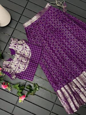 Girls wine woven kanchipuram style lehenga set with silk skirt, crop top & latkans 1