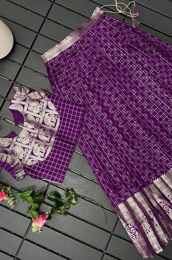 Girls wine woven kanchipuram style lehenga set with silk skirt, crop top & latkans