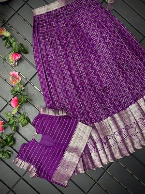 Girls wine woven kanchipuram style lehenga set with silk skirt, crop top & latkans 2