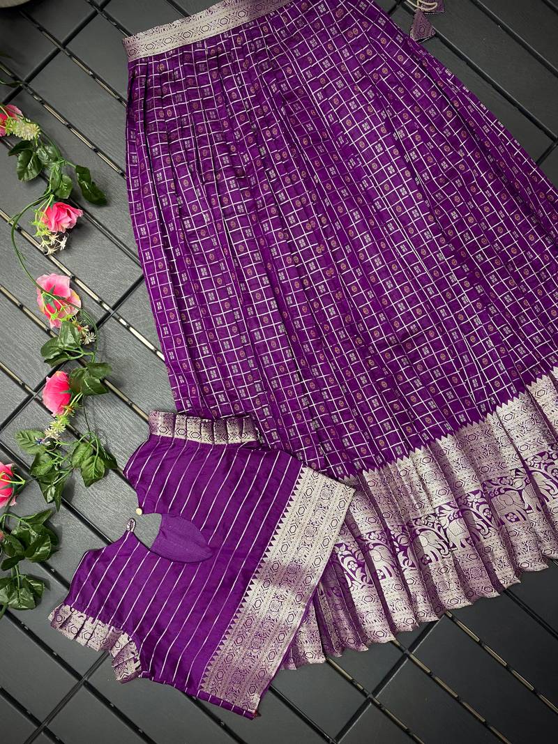 Girls wine woven kanchipuram style lehenga set with silk skirt, crop top & latkans