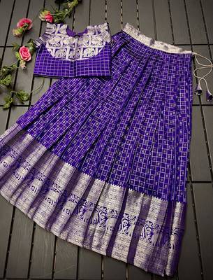 Girls violet woven kanchipuram style lehenga set with silk skirt, crop top & latkans 1