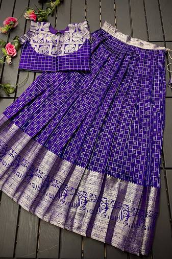 Girls violet woven kanchipuram style lehenga set with silk skirt, crop top & latkans