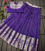 Girls violet woven kanchipuram style lehenga set with silk skirt, crop top & latkans
