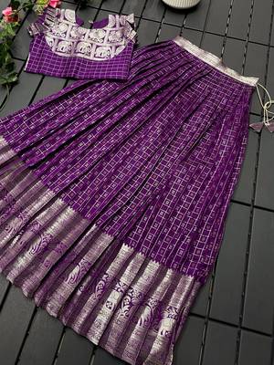 Girls wine woven kanchipuram style lehenga set with silk skirt, crop top & latkans 3