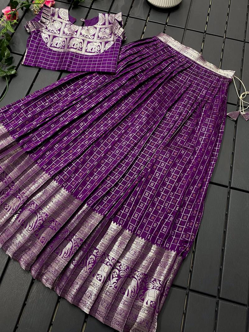 Girls wine woven kanchipuram style lehenga set with silk skirt, crop top & latkans