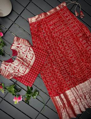 Girls red woven kanchipuram style lehenga set with silk skirt, crop top & latkans 1