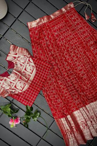Girls red woven kanchipuram style lehenga set with silk skirt, crop top & latkans