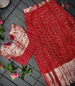 Girls red woven kanchipuram style lehenga set with silk skirt, crop top & latkans