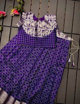 Girls violet woven kanchipuram style lehenga set with silk skirt, crop top & latkans 2