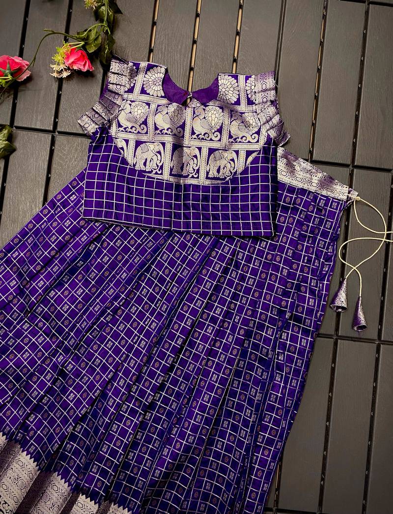 Girls violet woven kanchipuram style lehenga set with silk skirt, crop top & latkans